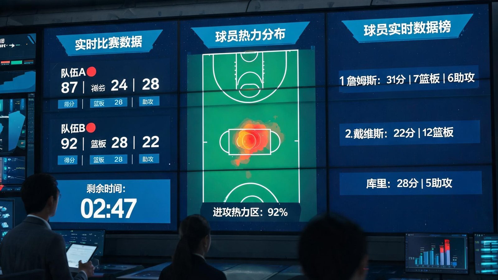 数据分析中心内多块大屏显示实时比赛数据和热力图