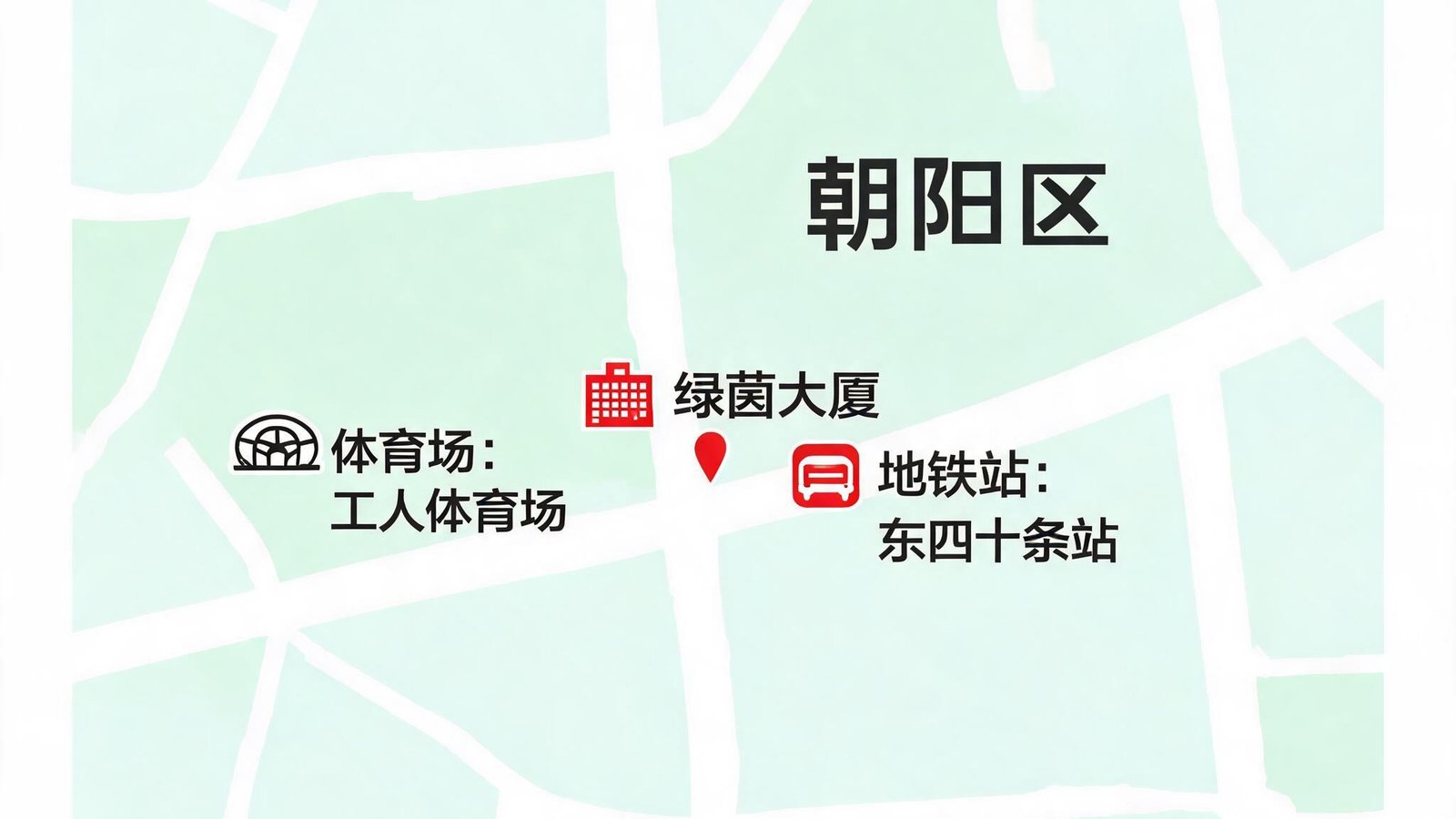 北京市朝阳区地图，标注绿茵大厦位置，周边有体育场和地铁站