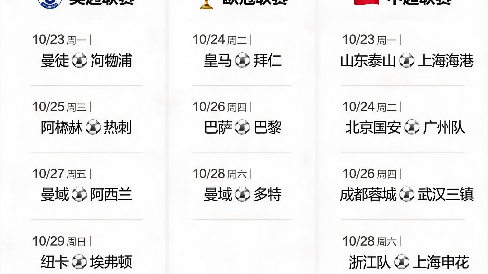 赛程预告页面，以日历形式展示英超、欧冠、中超未来一周比赛