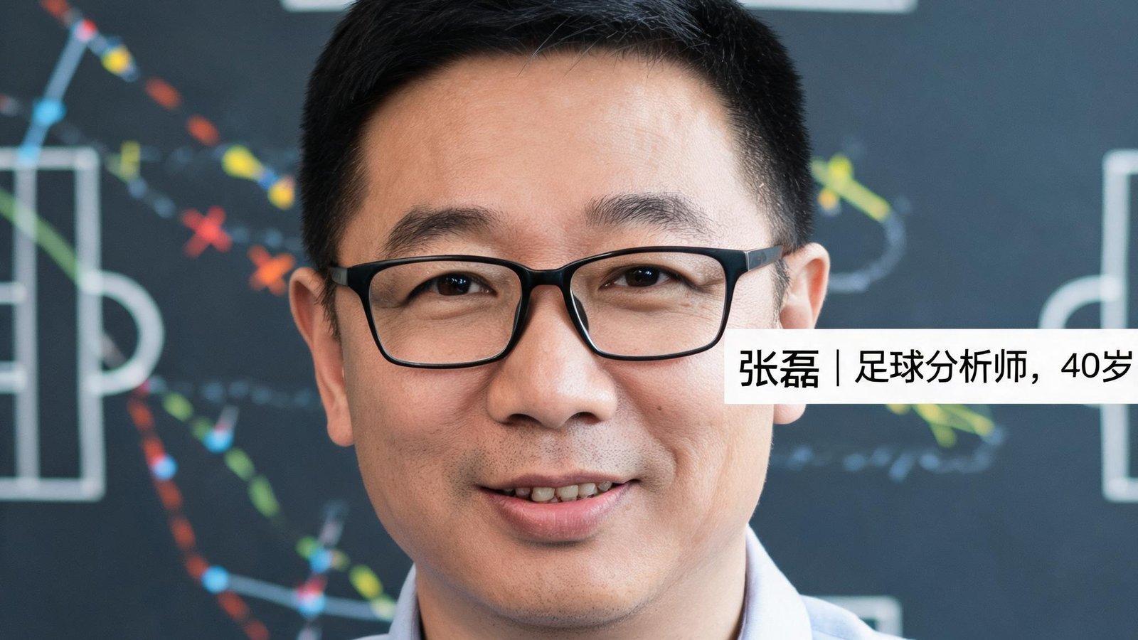 核心团队成员张磊，40岁男性足球分析师，戴眼镜，面带微笑