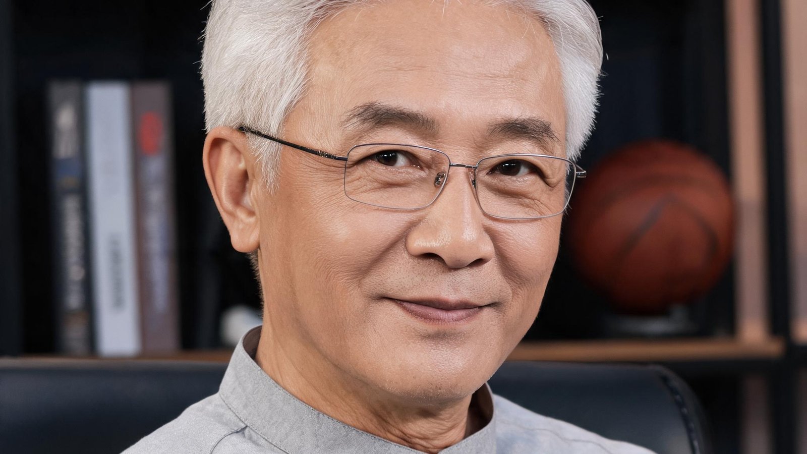 核心团队成员陈国庆，55岁男性资深球评人，白发，气质儒雅